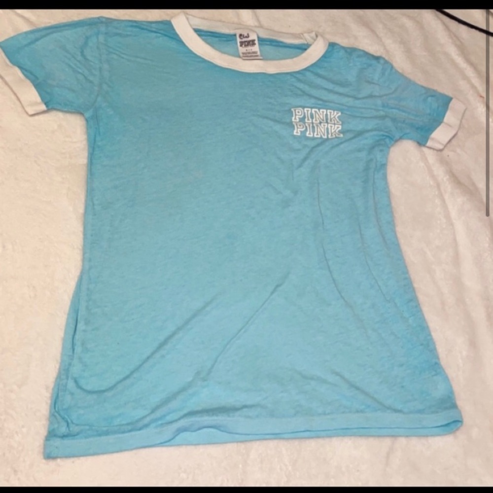 VICTORIA SECRET PINK TURQUOISE AND WHITE TSHIRT S